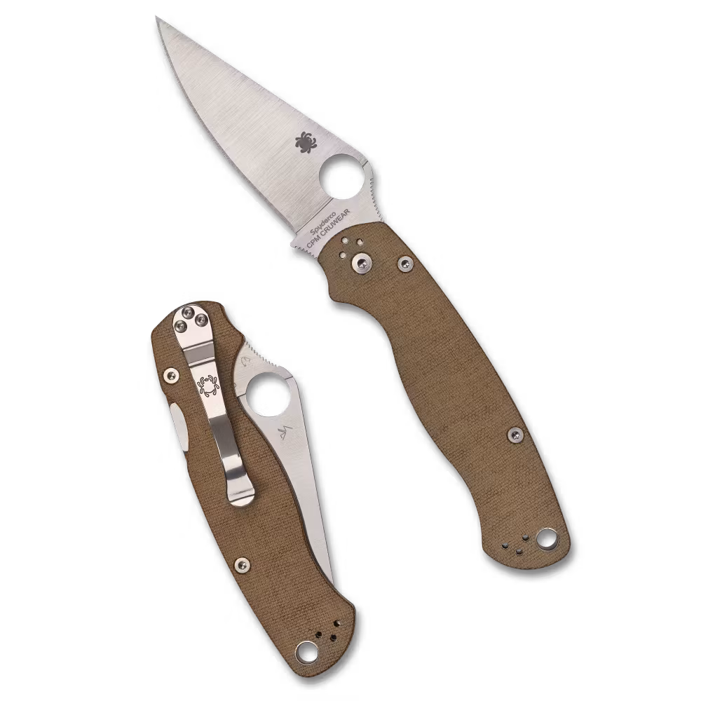 Spyderco Para Military 2 Micarta fällkniv med handtag i brun canvas-Micarta och satinerat blad