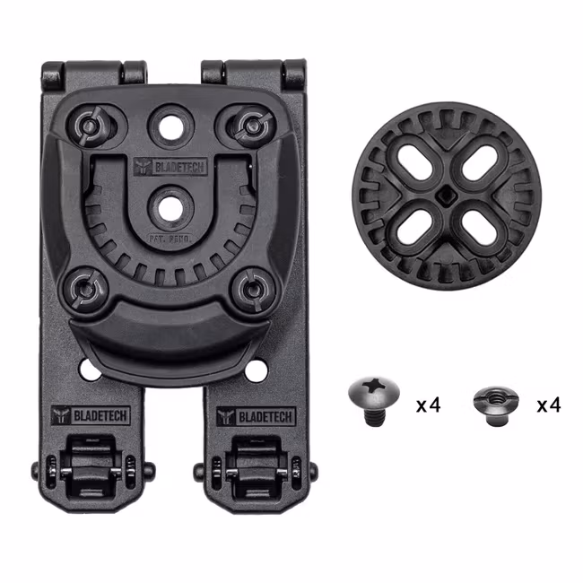 Blade-Tech Tek-Mount Mini-mottagare monterad på två Molle-Lok-fästen, med Mini 360-disk och skruvar till disken