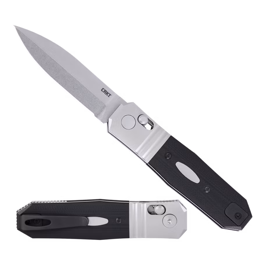 CRKT Redemption Compact fällkniv med stonewashat spjutblad, svart G10-handtag och ljusa stålbolster
