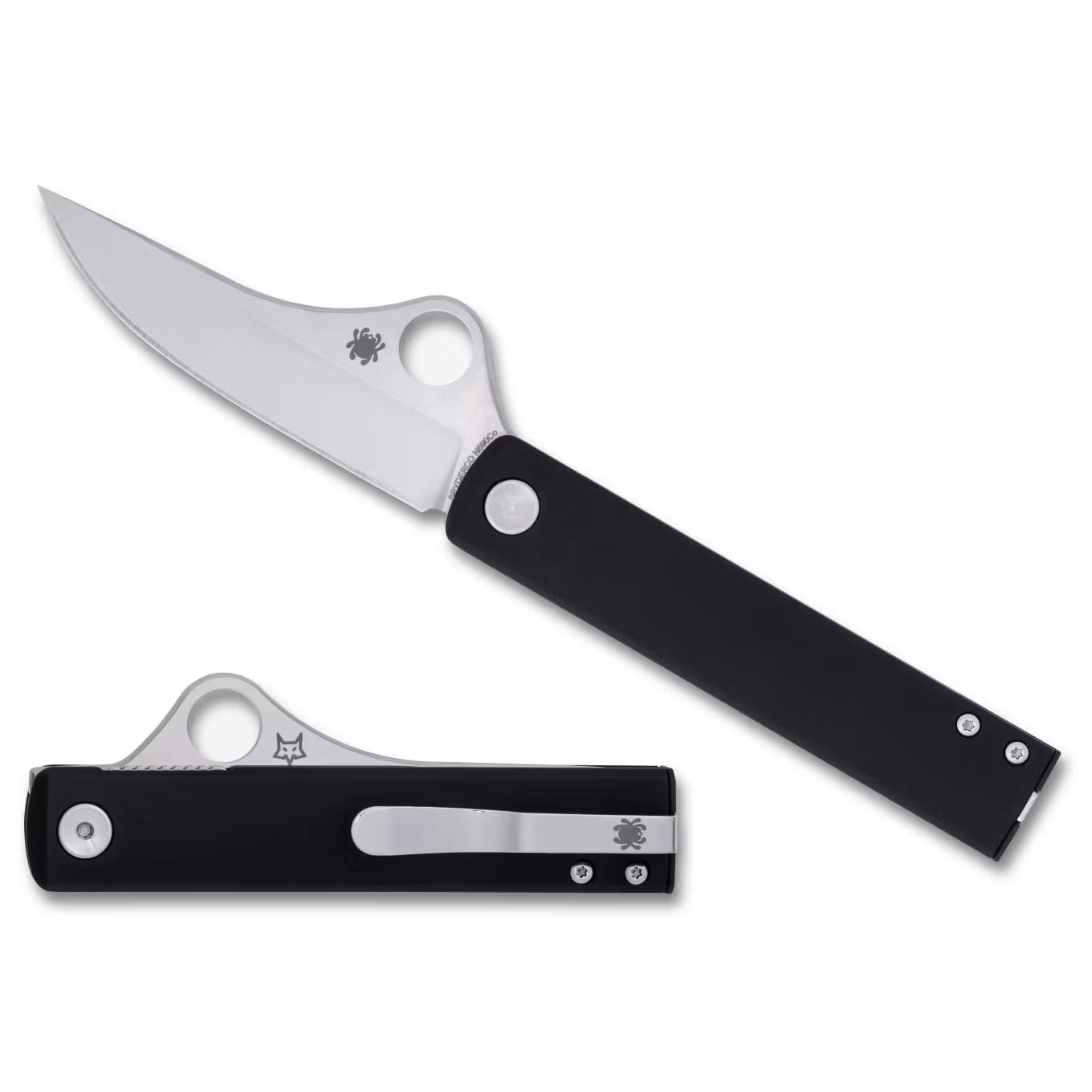 Spyderco Essenza slank fällkniv med svart aluminiumhandtag och satinslipat blad med rundad rygg