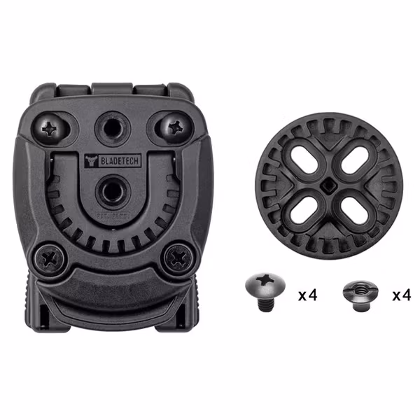 Blade-Tech Tek-Mount Mini-mottagare monterad på Tek-Lok bältesfäste, med Mini 360-disk och skruvar till disken