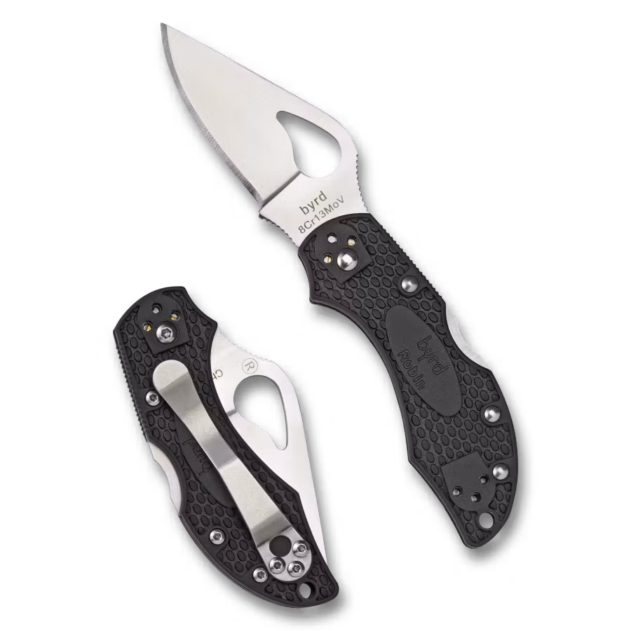 Spyderco Byrd Robin 2 FRN liten fällkniv med svart texturerat FRN-handtag och fingerskåra