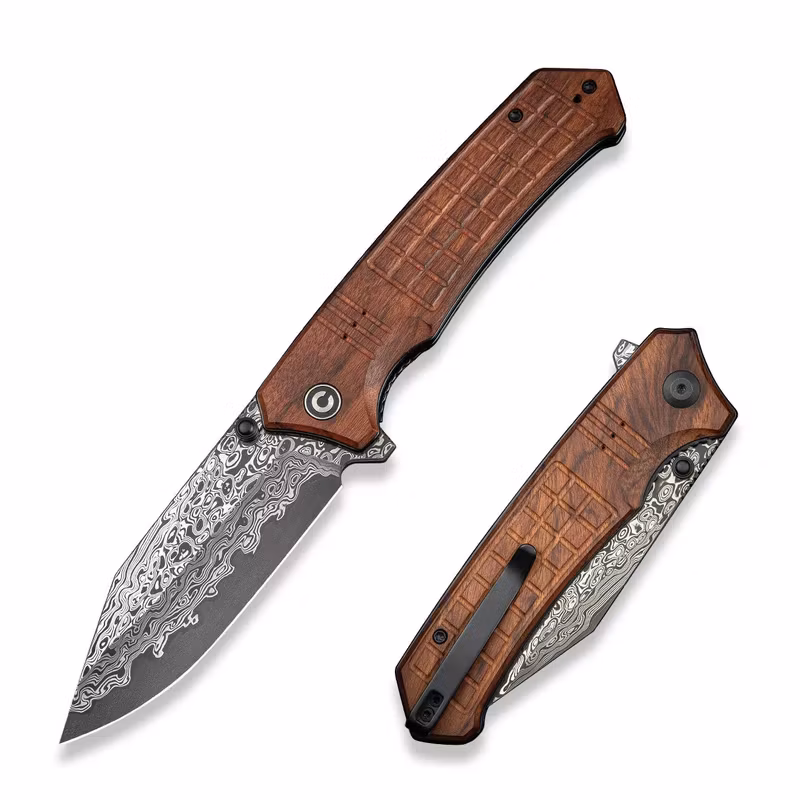 CIVIVI Tacticorix fällkniv med damaskusblad och trähandtag med fräst rutmönster