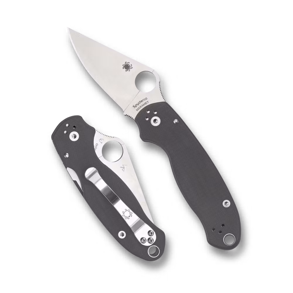 Spyderco Para 3 Maxamet fällkniv med mörkgrått G10-handtag och satinerat blad