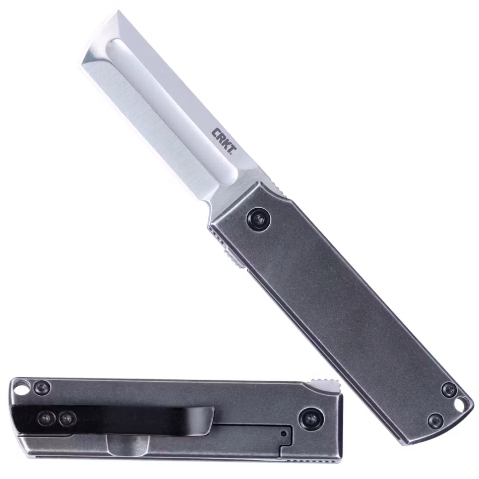 CRKT MinimalX fällkniv med rakt blad i rakbladsform och grått handtag i rostfritt stål