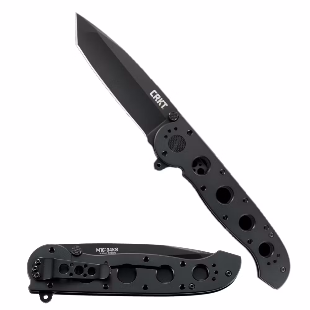 CRKT M16-04KS fällkniv med svart tantoblad och svart stålhandtag med hålmönster