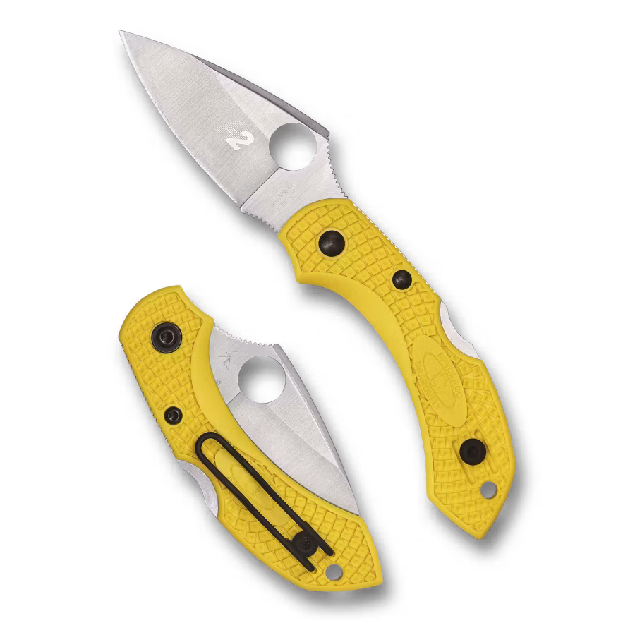 Spyderco Dragonfly 2 Salt liten fällkniv med gult FRN-handtag och svart trådclip