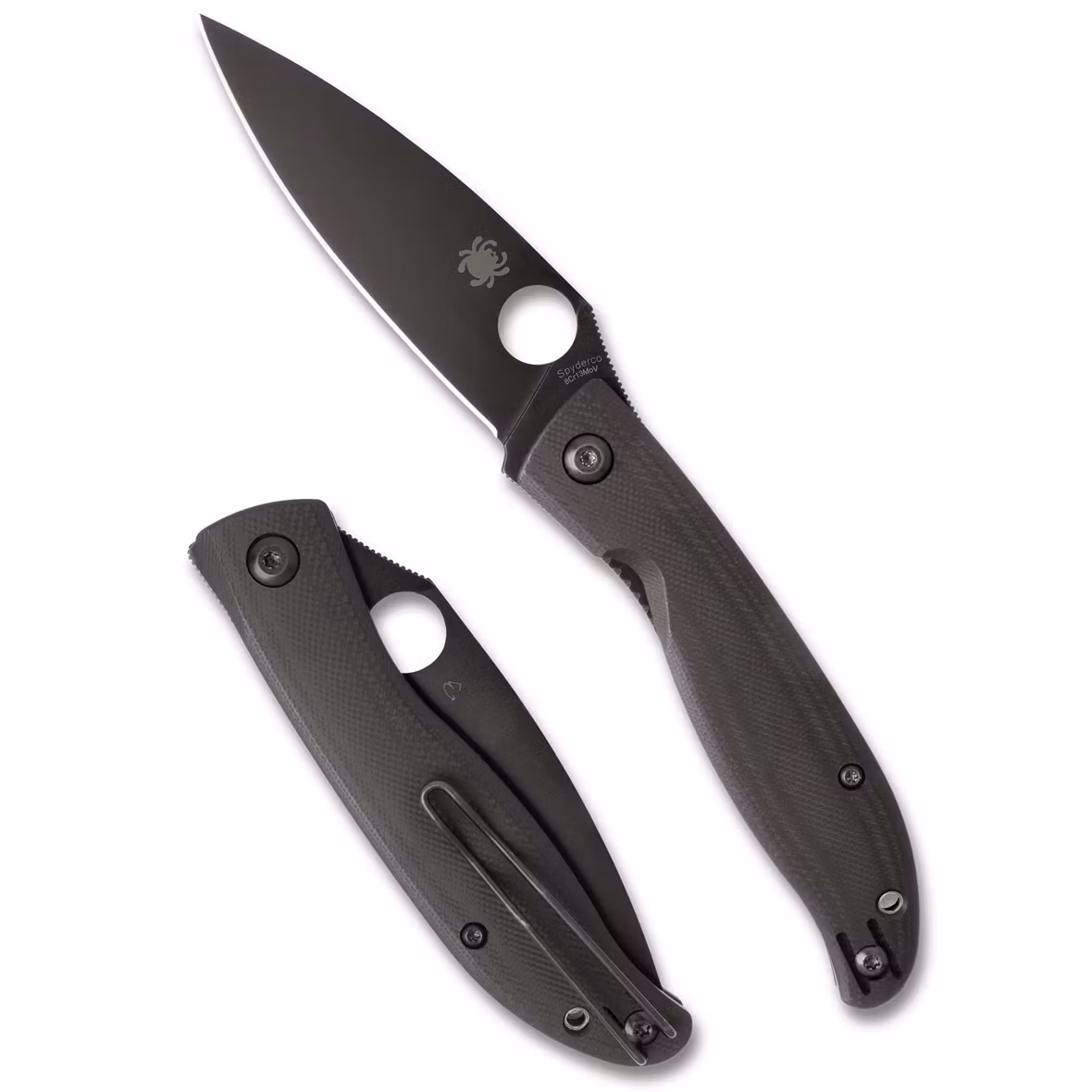 Spyderco Mantra 4 tunn fällkniv med svart oxidbelagt blad, frontflipper och svart G10-handtag