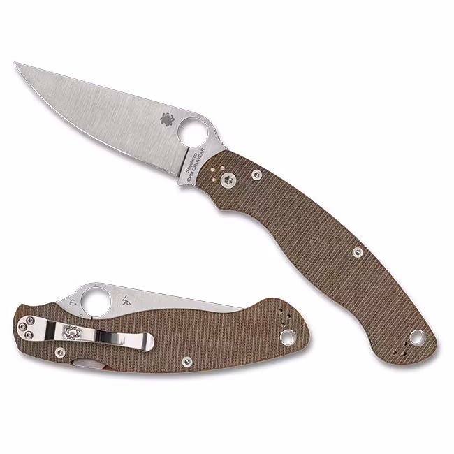 Spyderco Military 2 Micarta fällkniv med handtag i brun canvas-Micarta och satinerat blad med runt hål