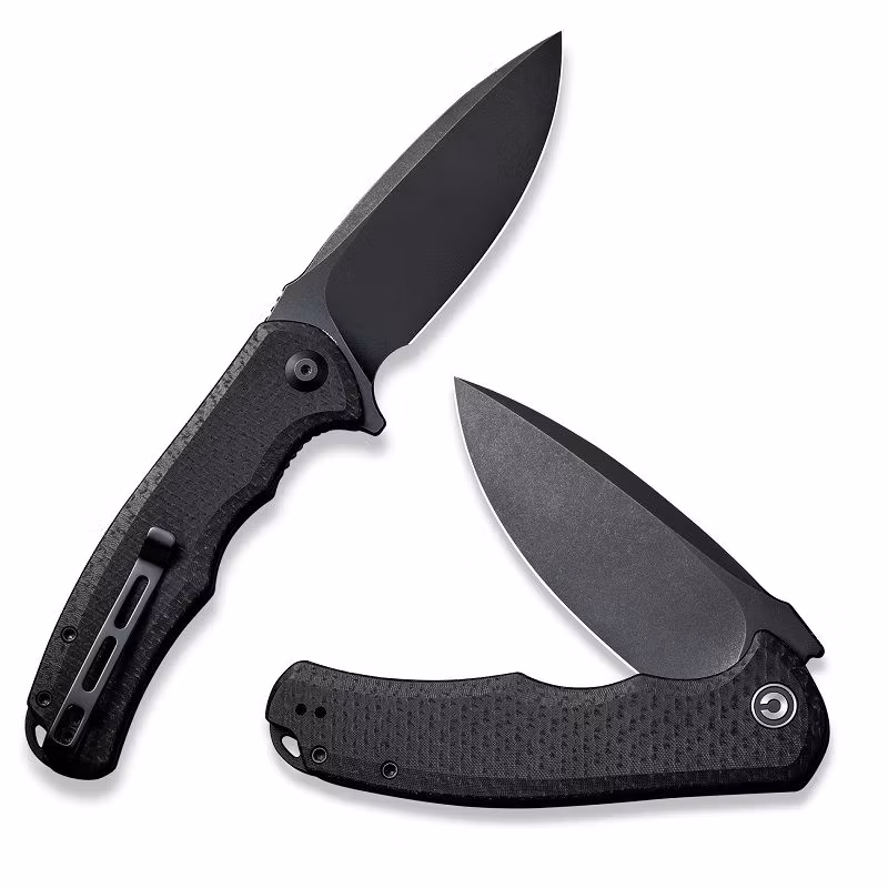 CIVIVI Praxis fällkniv med handtag i grov svart Micarta och svart drop point-blad
