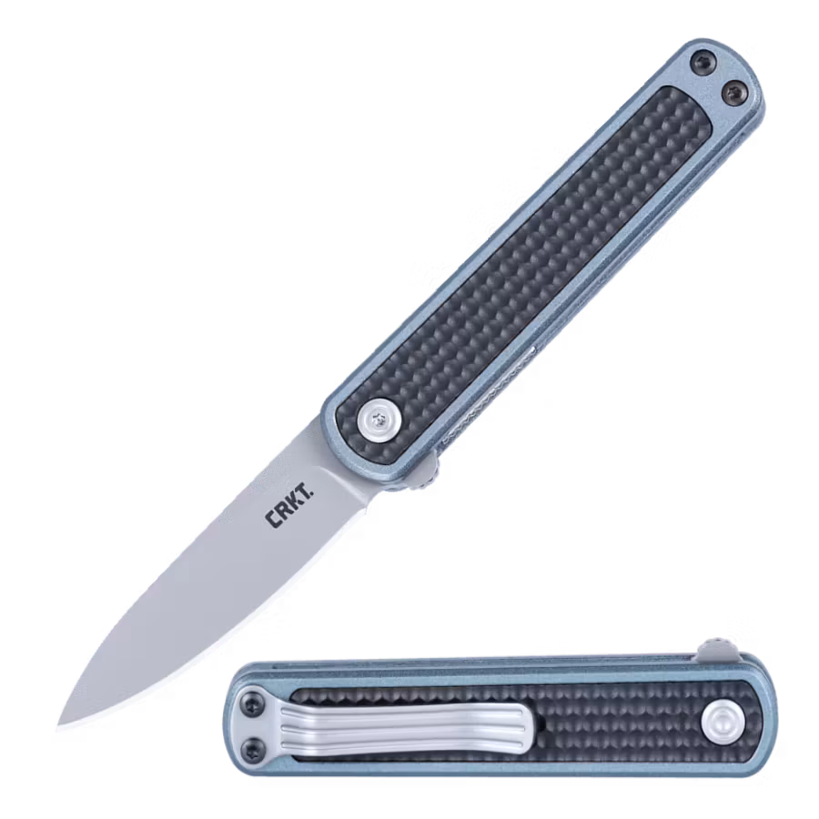 CRKT Pup liten fällkniv med blågrått FRN-handtag, svart inlägg och matt blästrat blad