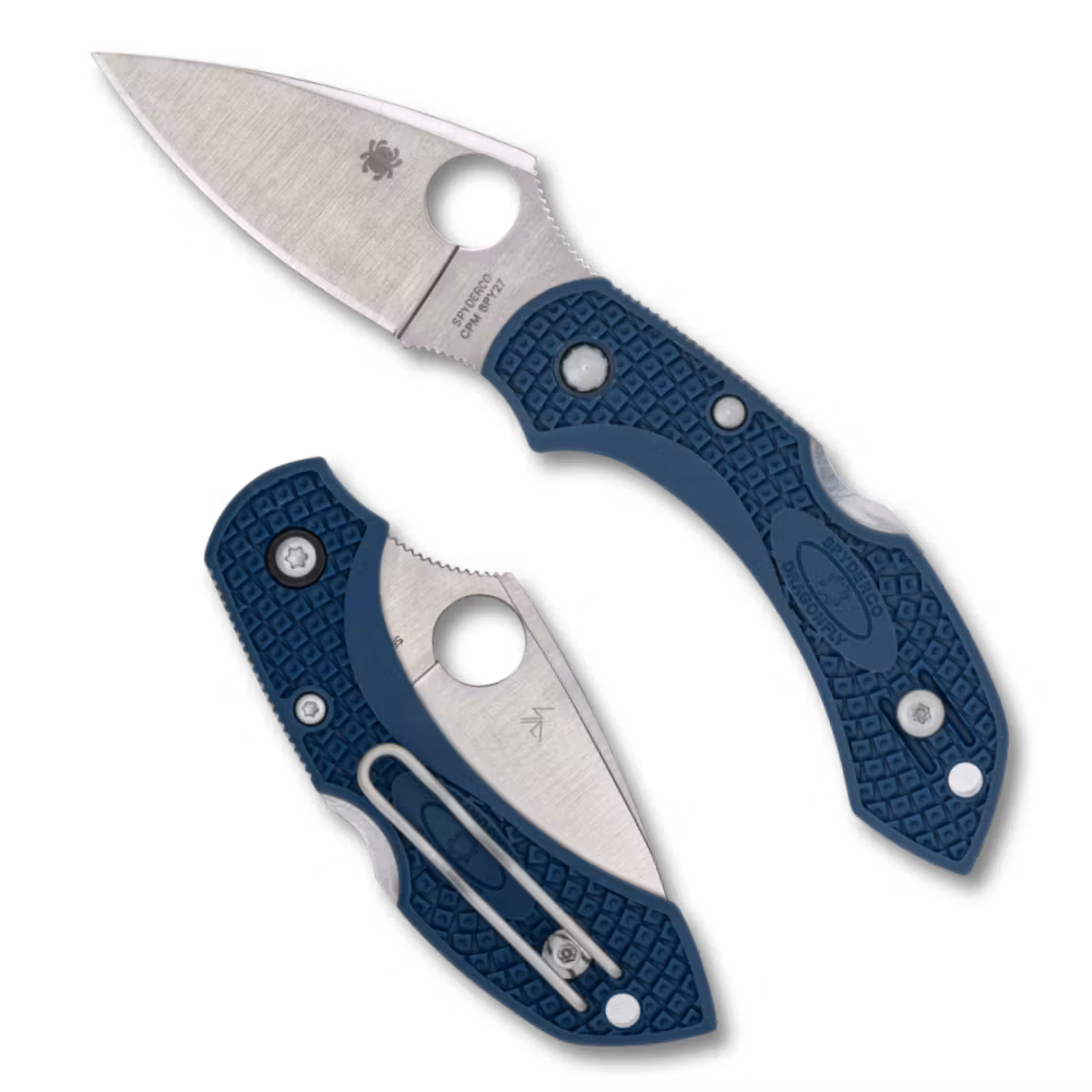 Spyderco Dragonfly 2 CPM SPY27 liten fällkniv med koboltblått FRN-handtag och trådclip