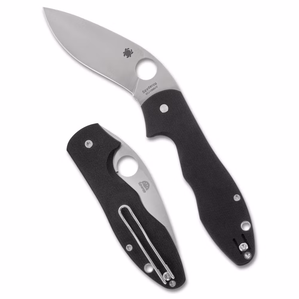 Spyderco Retract fällkniv med inåtböjt blad och svart G10-handtag med trådclip