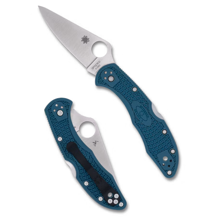 Spyderco Delica 4 K390 fällkniv med blått FRN-handtag och svart clip