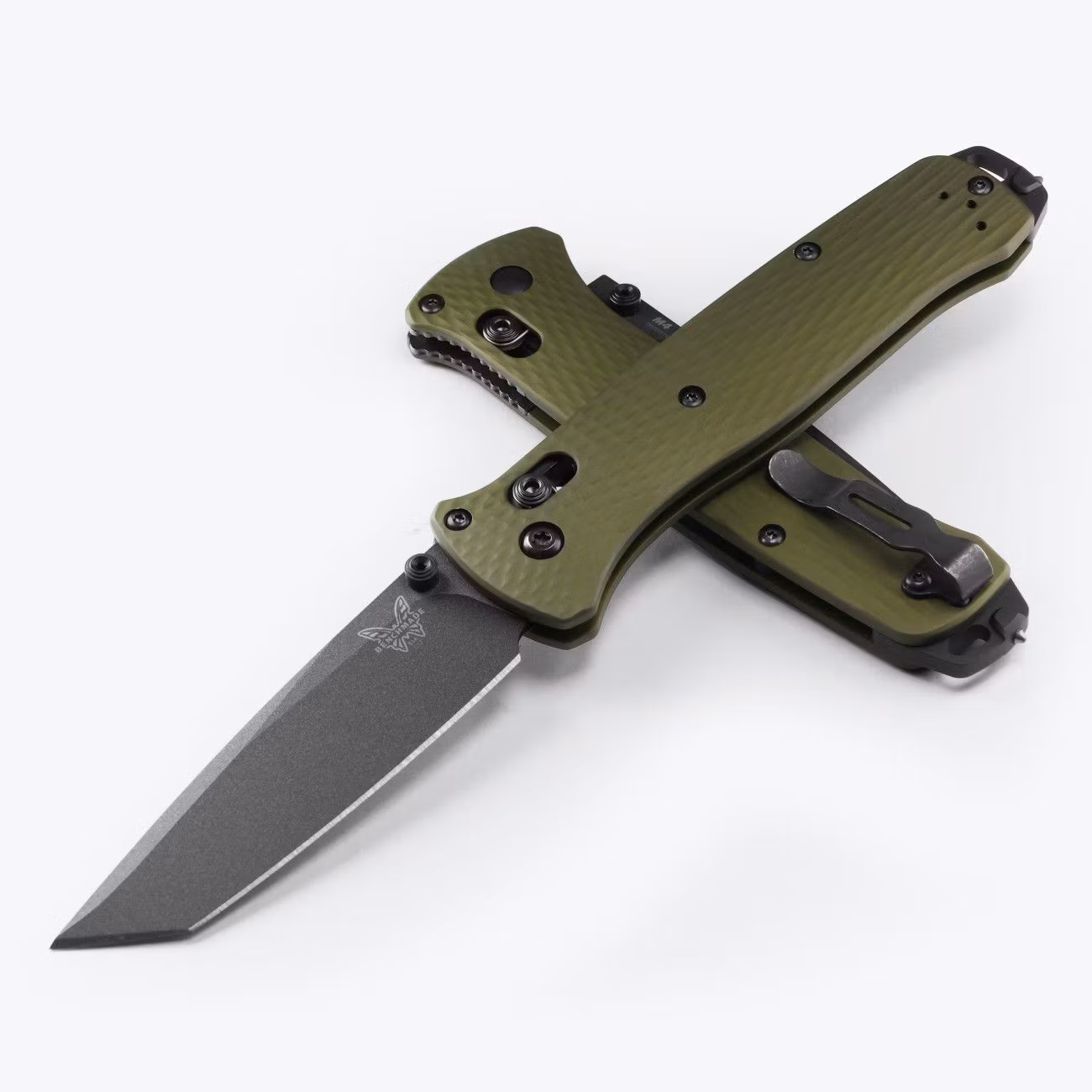 Benchmade Bailout Aluminum Woodland Green 537GY-1, fällkniv med grönt aluminiumhandtag och tanto-blad