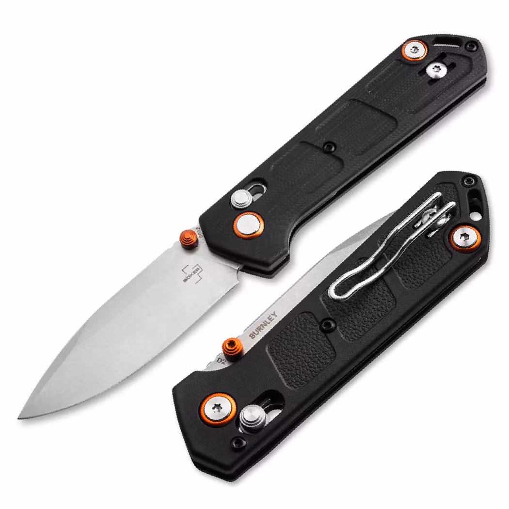 Böker Plus Kihon Compact fällkniv med GFN-handtag, orange tumtapp och pivotring och stonewashat spearpoint-blad