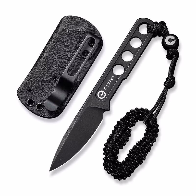 CIVIVI Circulus Black liten kniv med fast blad i ett stycke stål, fyra hål i handtaget och Kydex-slida
