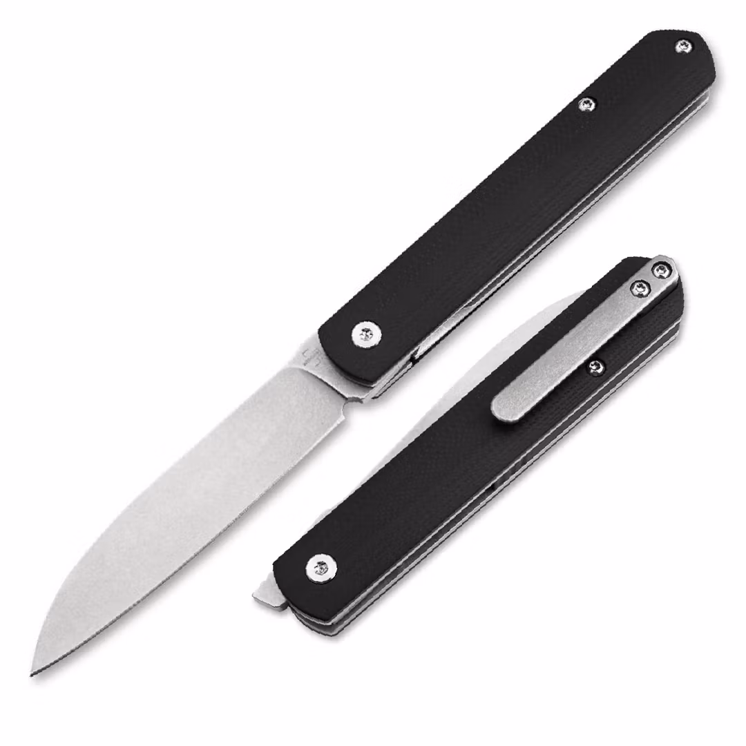 Böker Plus Fructis smal svart fällkniv med G10-handtag, frontflipper och stonewashat sheepsfoot-blad