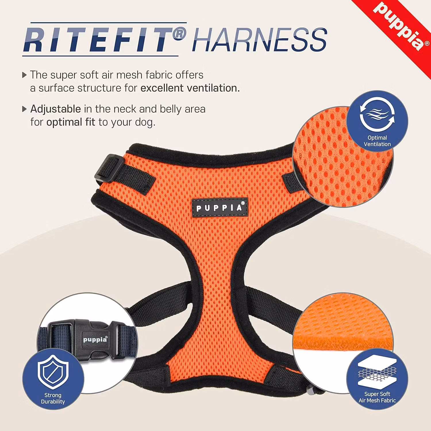 TEST Puppia Ritefit Air Mesh Harness Rød / Red med justering i både nakke og bryst