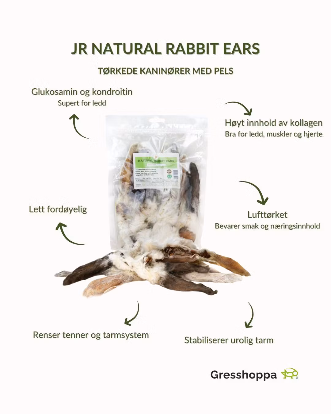JR Rabbit Ears with hair 100g Tørkede kaninører med pels