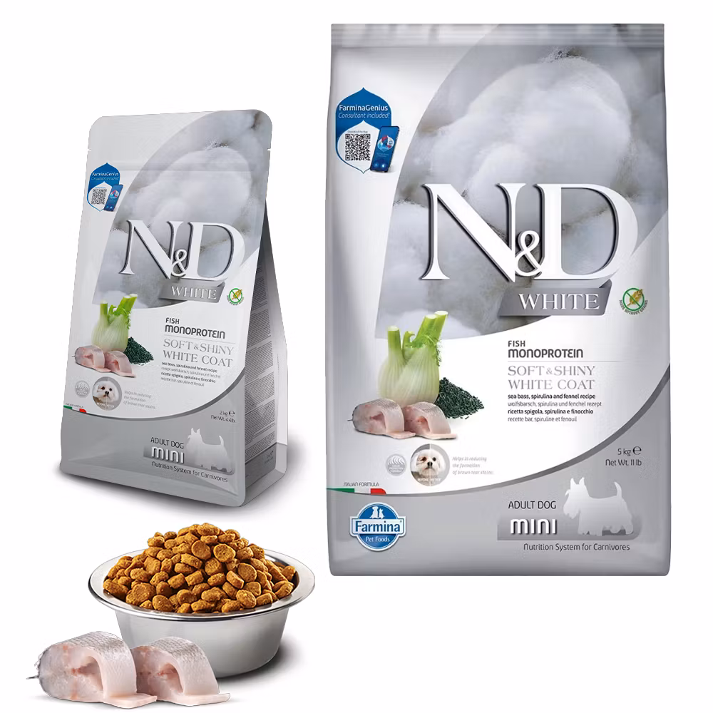 Farmina N&D Dog White Sea Bass, Spirulina & Fennel Adult Mini - Hundefôr for hunder med hvit pels