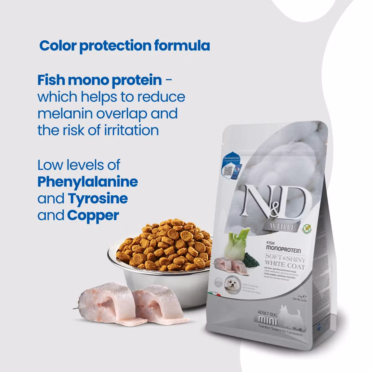 Farmina N&D Dog White Sea Bass, Spirulina & Fennel Adult Mini - Hundefôr for hunder med hvit pels