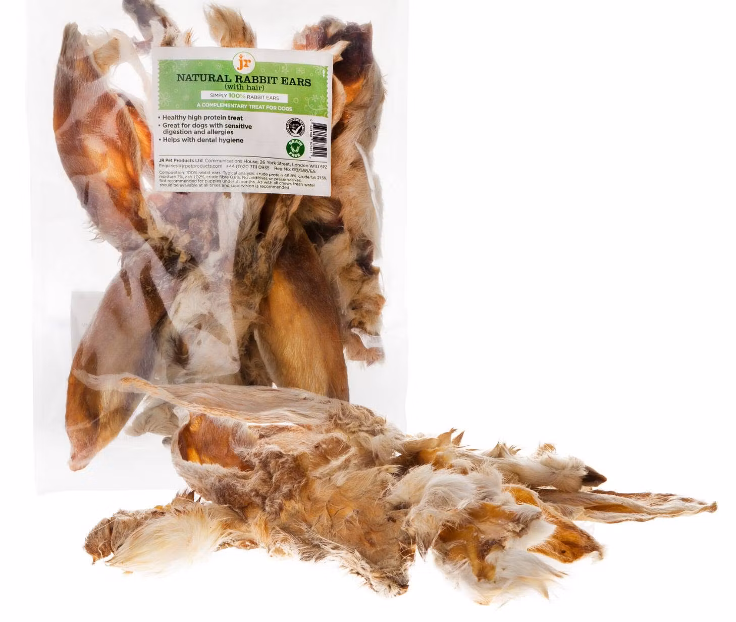 JR Rabbit Ears with hair 100g Tørkede kaninører med pels