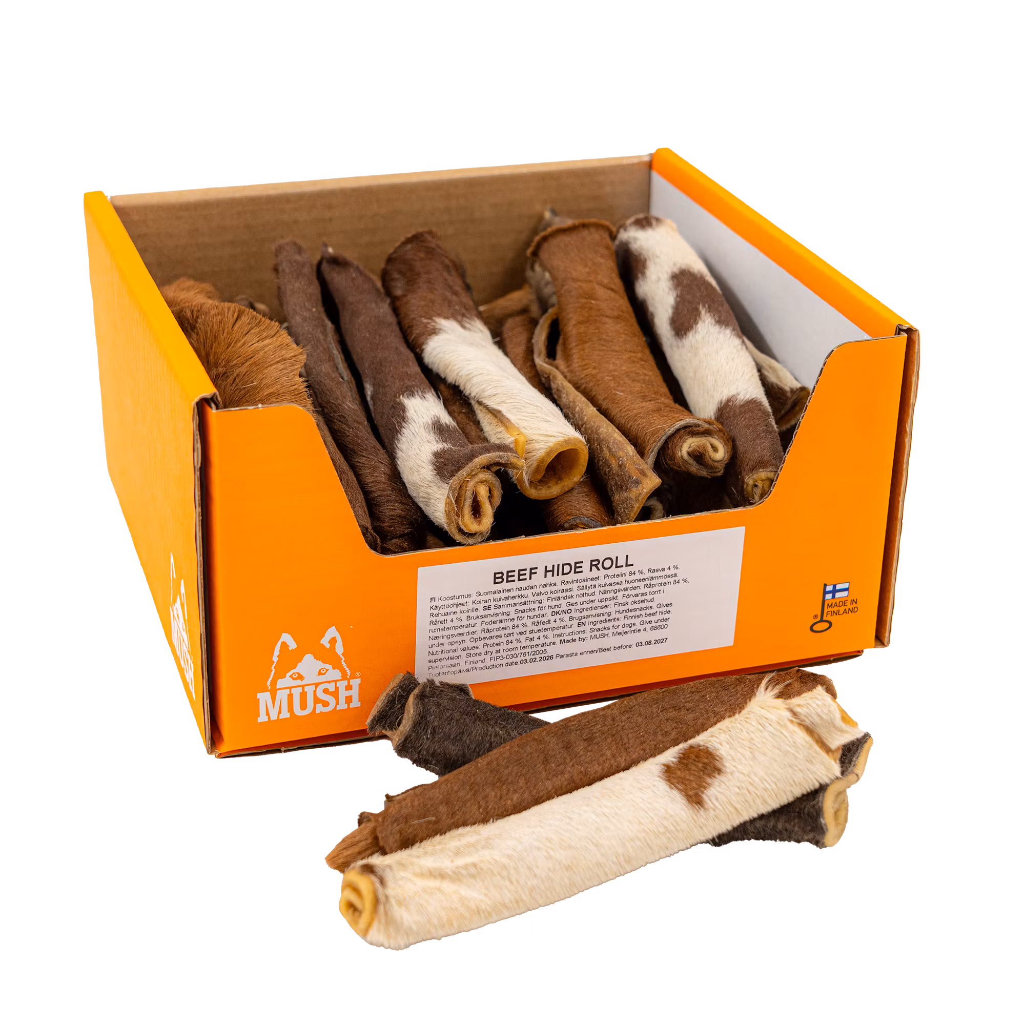 MUSH Beef Hide Rolls L ~20 CM stk – Naturlig tørket storfehud med pels