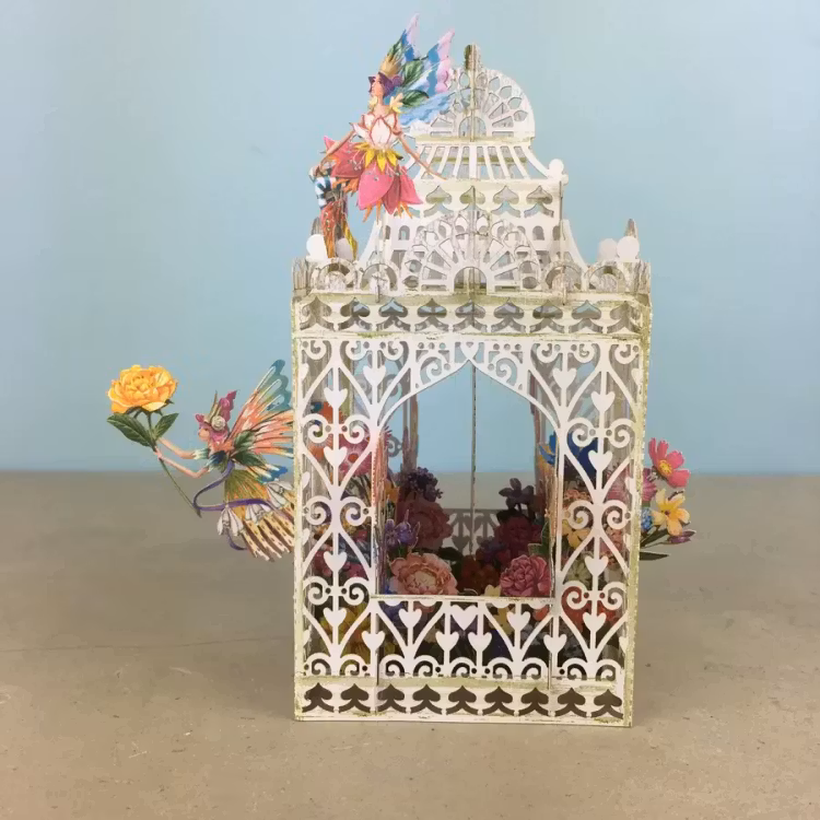 Blomsterälvor kring fågelburen (6 kort med kuvert)