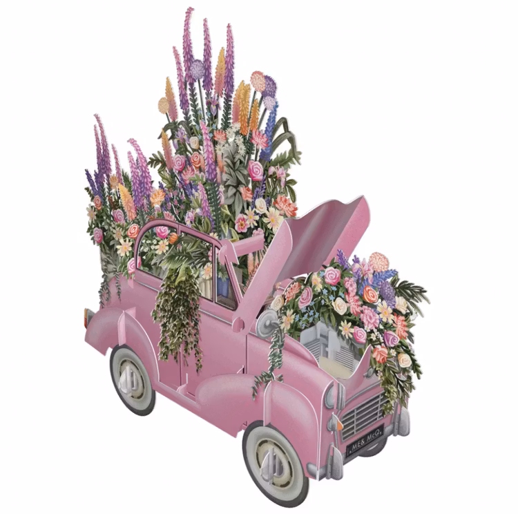 BRÖLLOP Blomstrande bil  (6 kort med kuvert)
