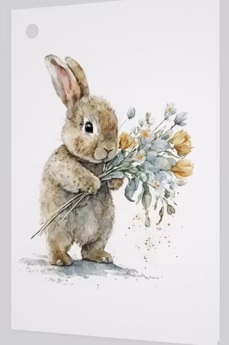 Litet kort utan kuvert - Kanin med blommor (10 stycken)
