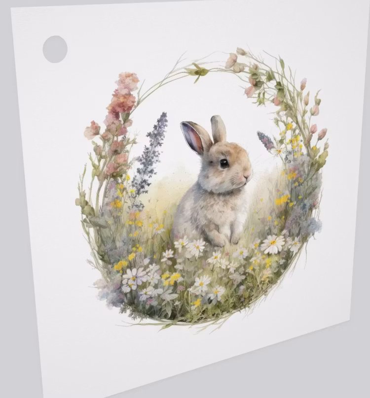 Litet kort utan kuvert - Kanin på blomsteräng (10 stycken)
