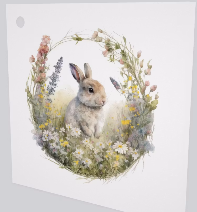 Litet kort utan kuvert - Kanin på blomsteräng (10 stycken)