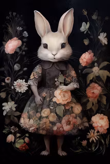 Enkelt Kort - Kanin i vacker, blommig klänning (10 kort)