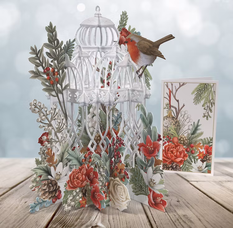 Magiskt julkort - Julblommor och fågelbur (6 stycken)