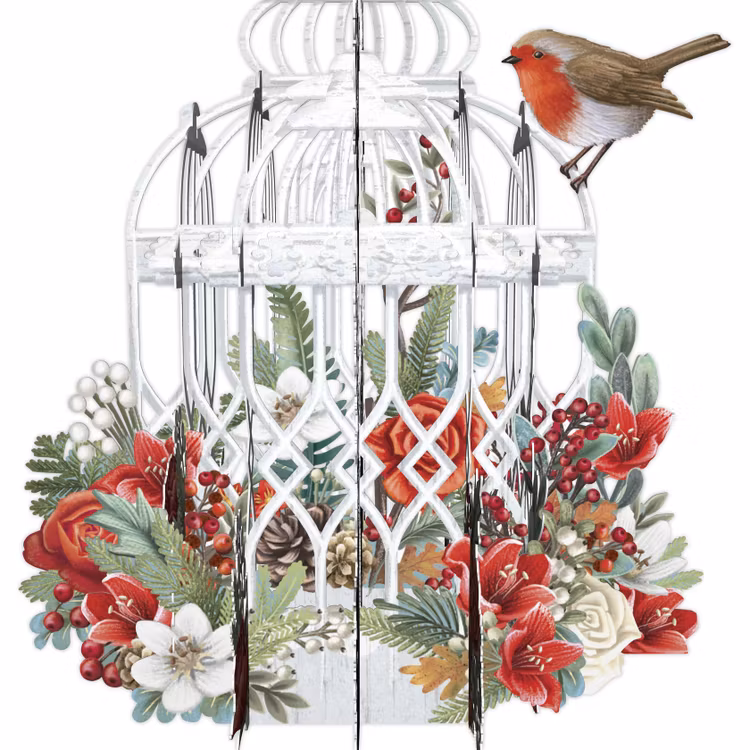 Magiskt julkort - Julblommor och fågelbur (6 stycken)