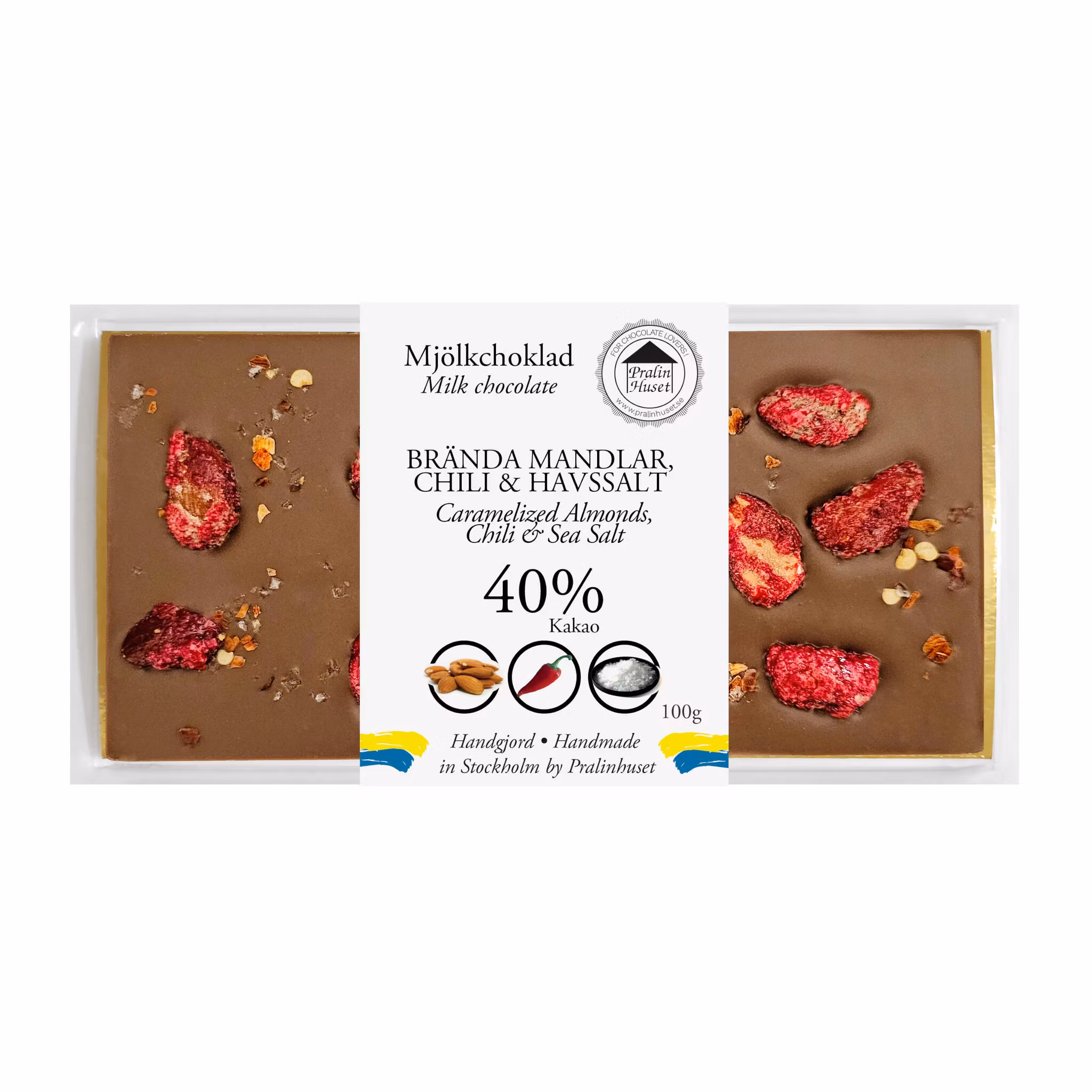 Pralinhuset - 40% Kakao - Brända Mandlar, Chili & Havssalt