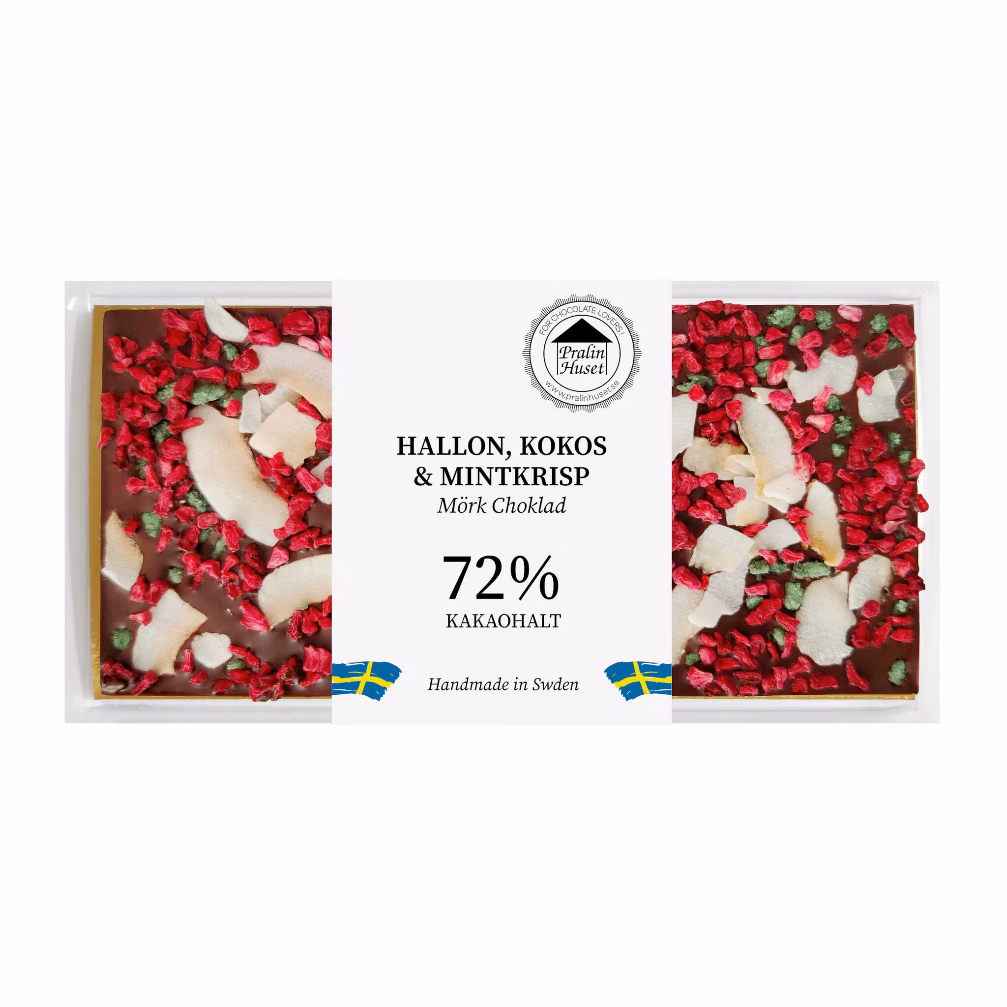 Pralinhuset - 72% Kakao - Hallon, Mintkrisp & Kokos
