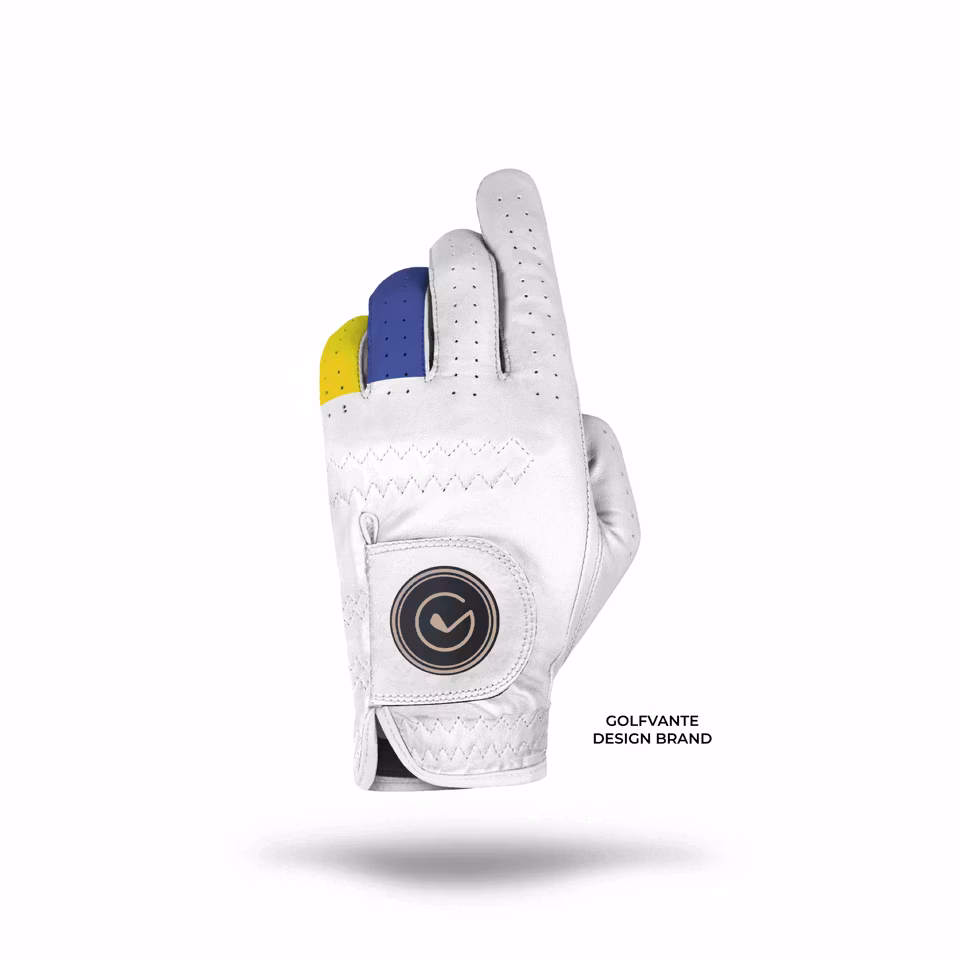GAMLA SVEDALA by Anton: Exklusiv Golfhandske i Cabretta-AA Kvalitet vit gul och blå