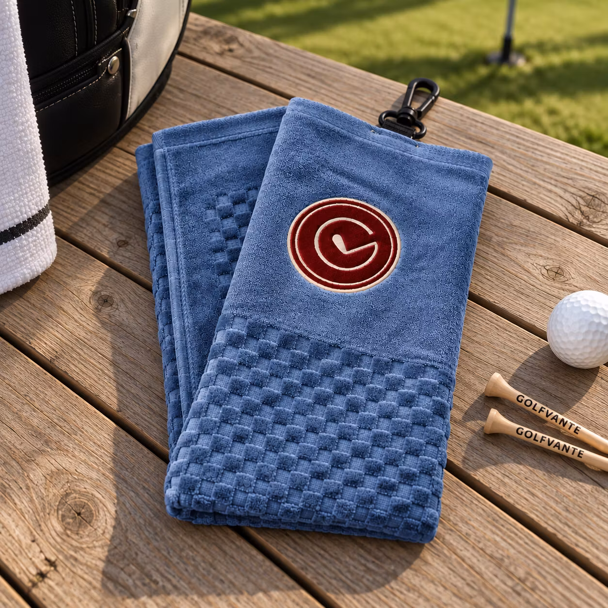 Golfvante golfhandduk Tour i ljusblå bomull med röd broderad logga och karbinhake