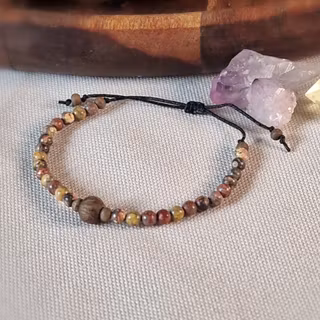 Armband med Leopard jaspis och träpärlor i makrame, Onesize XS-L