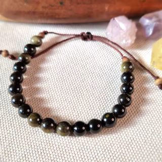 Armband med Guldskimmerobsidian och träpärlor i makrame, Onesize XS-L