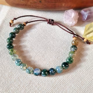 Armband med Mossagat och träpärlor i makrame, Onesize XS-L