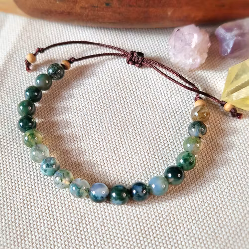 Armband med Mossagat och träpärlor i makrame, Onesize XS-L