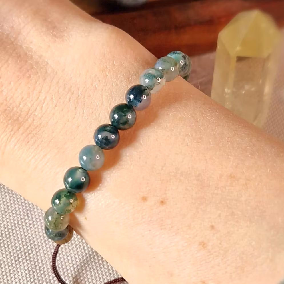 Armband med Mossagat och träpärlor i makrame, Onesize XS-L