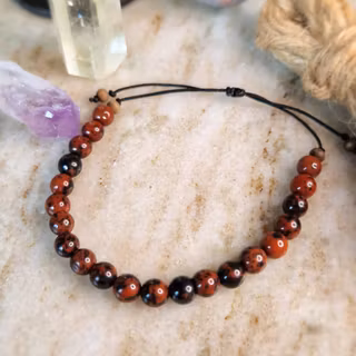 Armband med Mahognyobsidian och träpärlor i makrame, Onesize XS-L