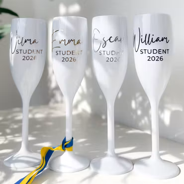 Vitt Champagneglas med tryck, Student 2026