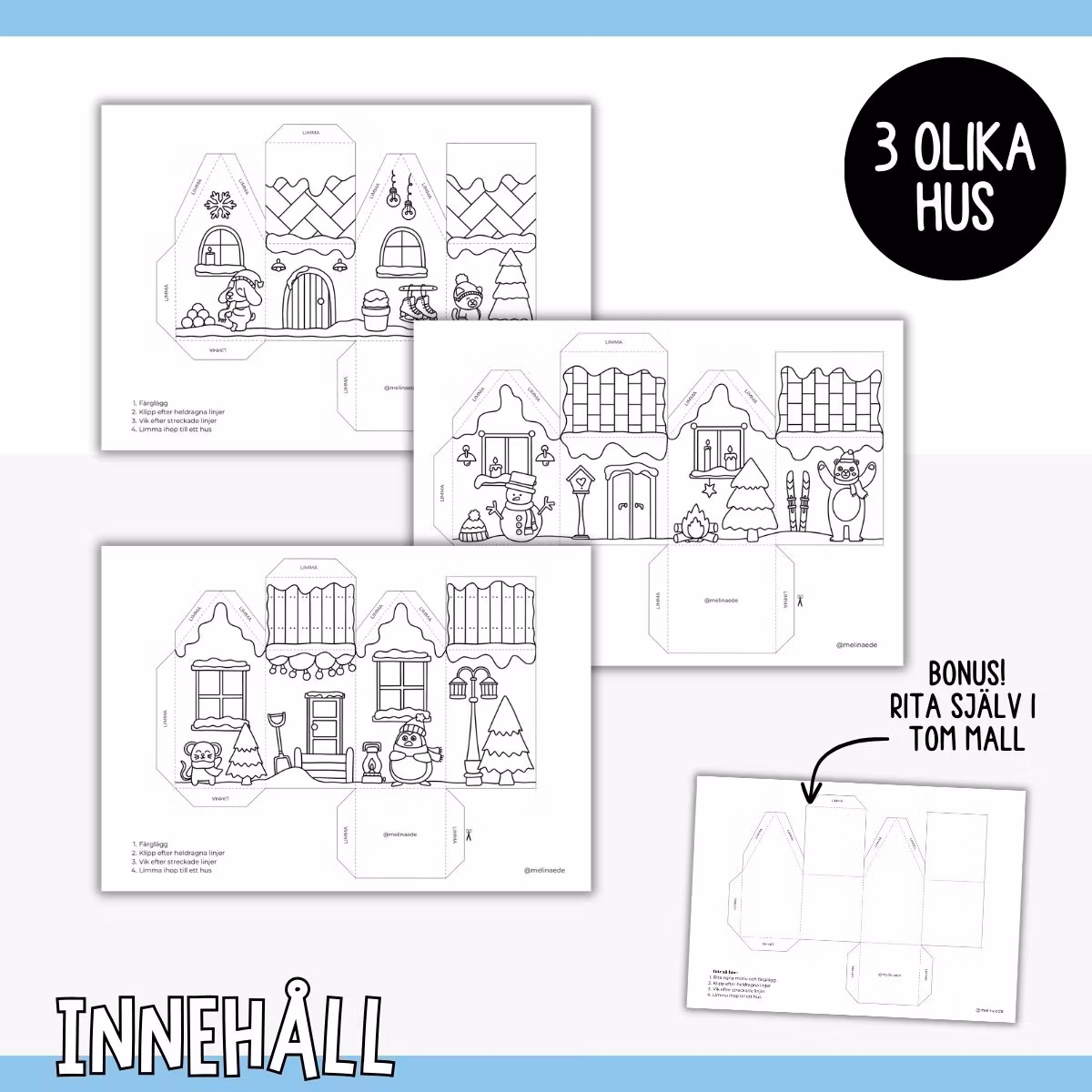 Vy av dokument med 3 olika 3D hus som du kan skriva ut och göra själv.