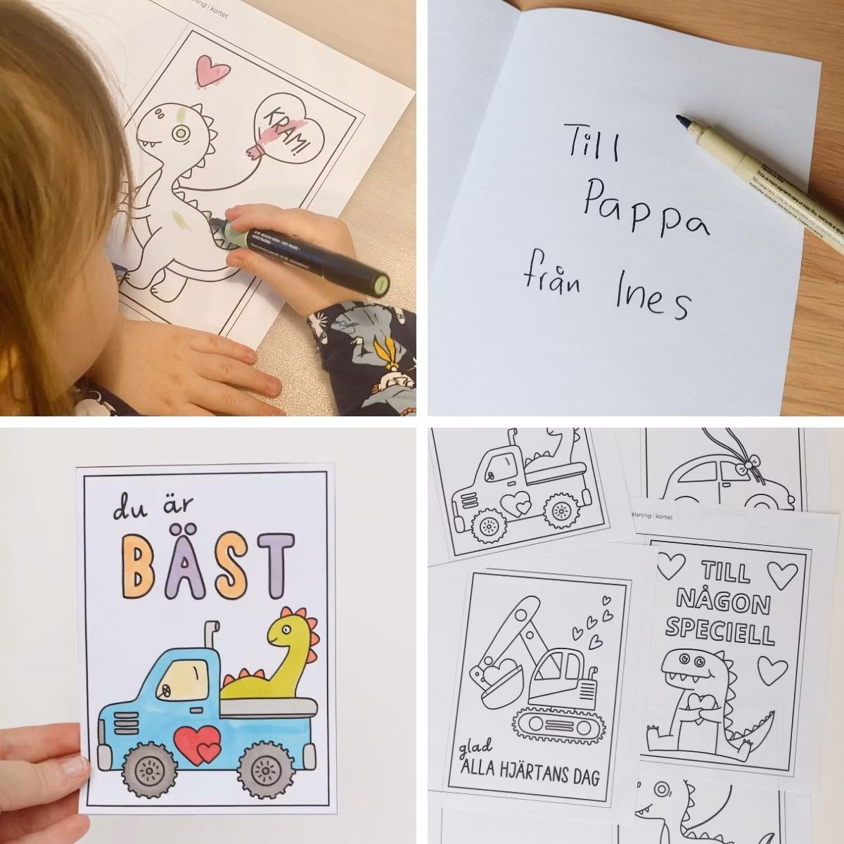 Alla hjärtans dag-kort: fordon och dinosaurier