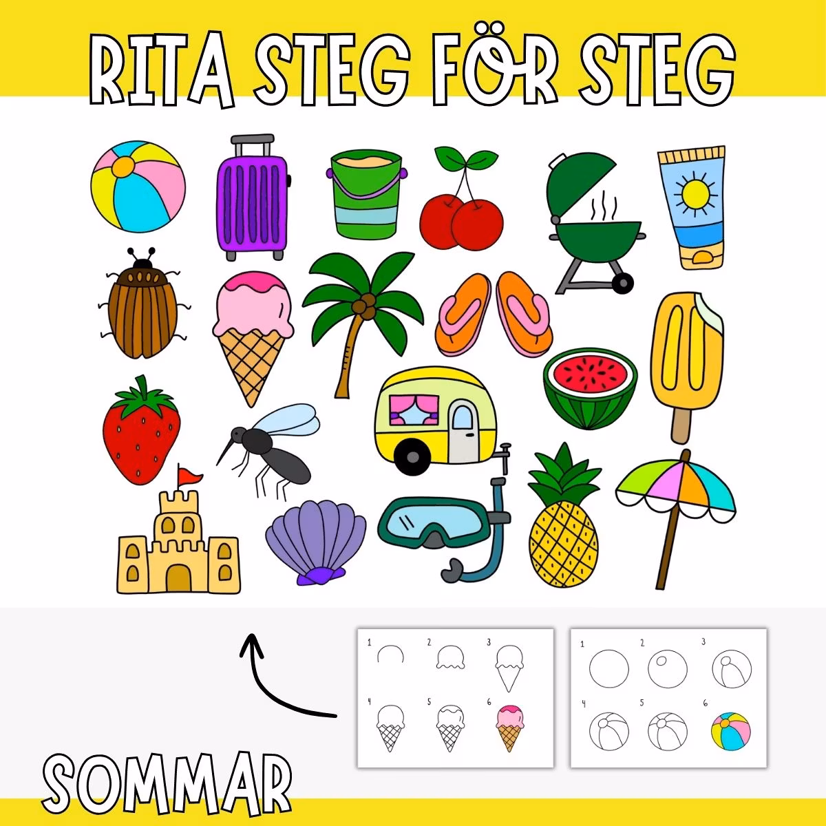 20 motiv att rita steg för steg - sommar